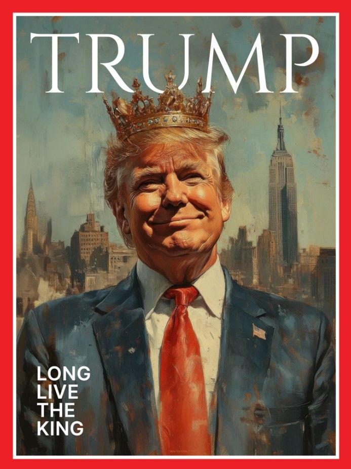 [서울=뉴시스] 지난달 20일(현지 시간) 백악관 엑스 공식 계정에 올라온 그림으로, 도널드 트럼프 대통령이 왕관을 쓴 모습. 좌측 하단엔 '왕이여 영원하소서'라고 적혀 있다. (사진=백악관 X 갈무리) 2025.03.17. *재판매 및 DB 금지
