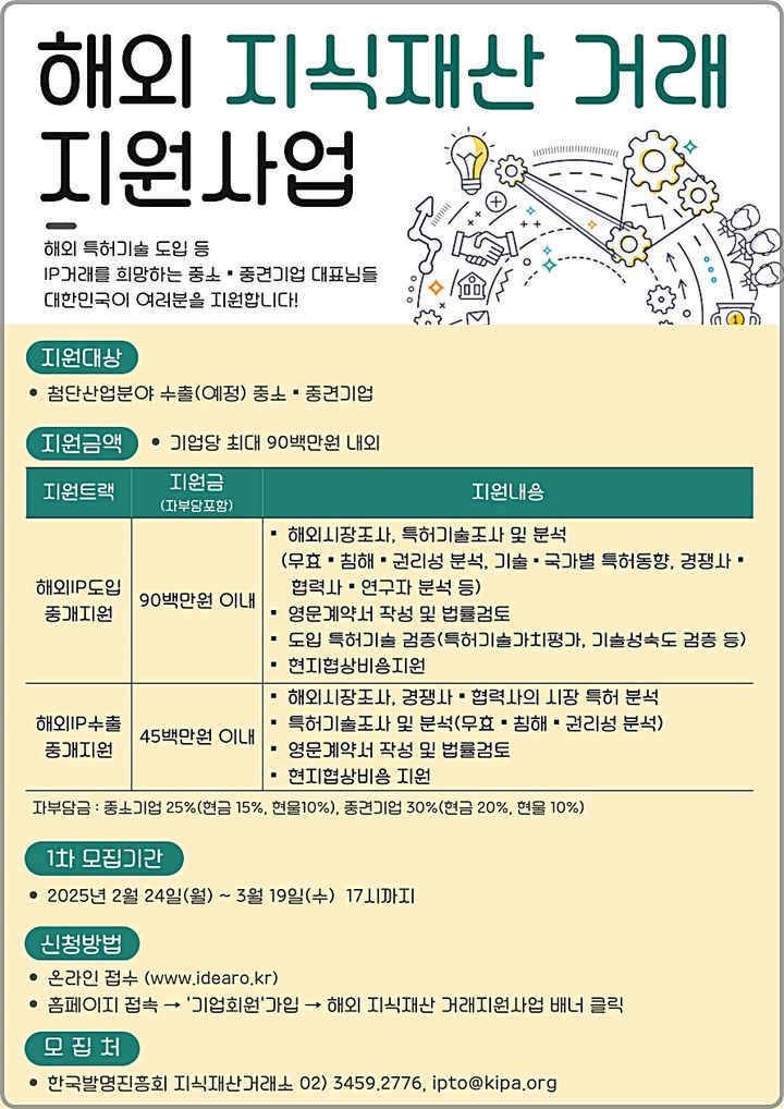 [대전=뉴시스] 특허청의 2025년도 '해외 지식재산 거래 지원사업' 참가기업 모집 안내물.(사진=특허청 제공) *재판매 및 DB 금지