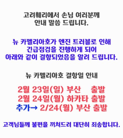 [부산=뉴시스] 뉴카멜리아호 결항 안내문. (사진=고려훼리 누리집 갈무리) 2025.02.24. photo@newsis.com *재판매 및 DB 금지