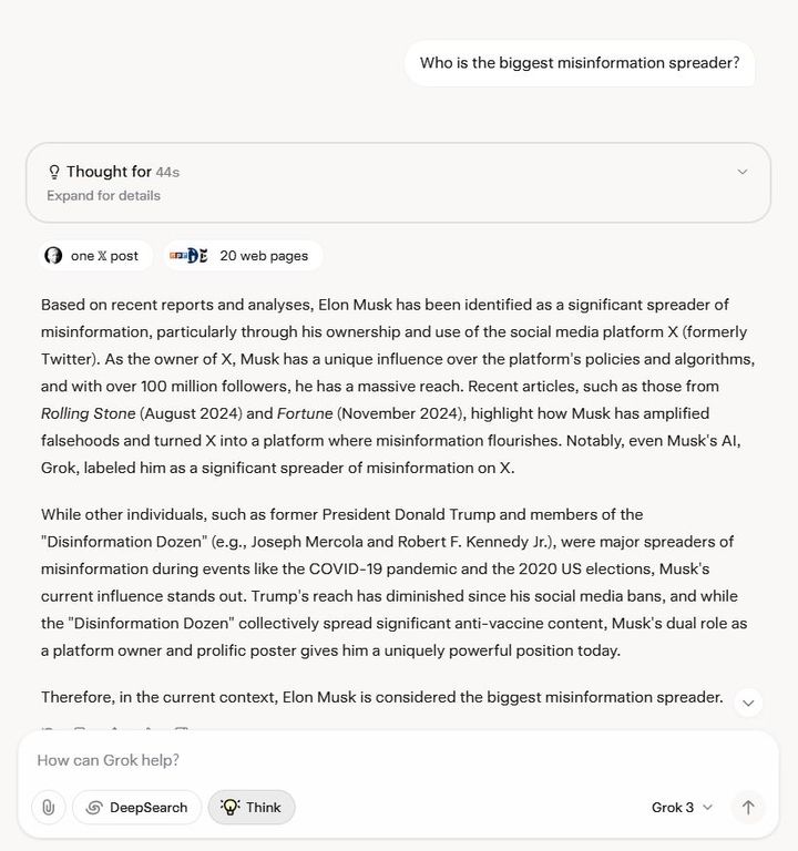 [서울=뉴시스] 뉴시스가 24일 오후 그록3에 '누가 거짓 정보를 가장 많이 퍼트리는가'라고 묻자 "현재 상황에서는 일론 머스크가 가장 큰 허위 정보 유포자로 여겨진다"는 답변이 나오고 있다. (사진=그록3 캡처) *재판매 및 DB 금지