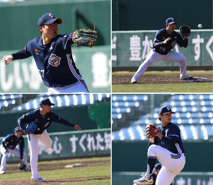 [서울=뉴시스] 프로야구 두산 베어스가 일본 미야자키의 산마린 스타디움에서 열린 일본 프로야구(NPB) 요미우리 자이언츠 2군과의 연습 경기에서 0-0 무승부를 거뒀다. 사진은 왼쪽 위부터 시계방향으로 홍민규, 박준순, 최종인, 박지호. (사진=두산 베어스 제공) 2025.02.24. *재판매 및 DB 금지