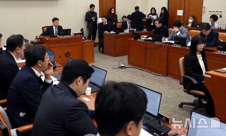 [서울=뉴시스] 조성봉 기자 = 윤한홍 국회 정무위원회 위원장이 24일 오후 서울 여의도 국회에서 열린 정무위원회 전체회의에서 개인정보보호법 개정안 등 법률안 가결 선언을 하고 있다. 2025.02.24. suncho21@newsis.com