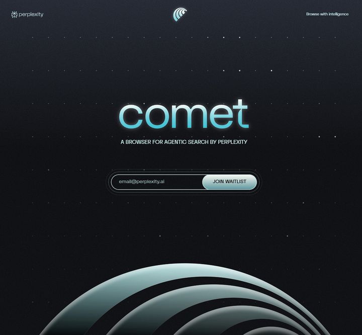 [서울=뉴시스] 퍼플렉시티는 25일 엑스 공식 계정을 통해 웹 브라우저 '코멧' 이용자를 모집한다고 밝혔다. 코멧 공식 사이트로 이동하면 본인 이메일 입력을 통해 대기자 명단에 등록할 수 있다. (사진=퍼플렉시티 코멧 홈페이지 캡처) *재판매 및 DB 금지