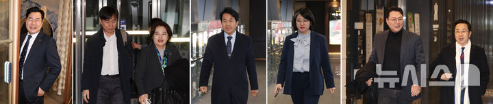 [서울=뉴시스] 고승민 기자 = 박찬대(사진 왼쪽부터) 더불어민주당 원내대표, 한창민 사회민주당 대표, 정춘생 조국혁신당 원내수석부대표, 윤종오 진보당 원내대표, 용혜인 기본소득당 대표, 천하람 개혁신당 대표 권한대행, 박성준 더불어민주당 원내수석부대표가 25일 야6당 원내대표 회동을 위해 서울의 한 식당으로 들어서고 있다. 2025.02.25. kkssmm99@newsis.com