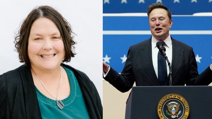 [서울=뉴시스]미 정부 예산과 인력 삭감을 주도하는 일론 머스크의 정부효율화부(DOGE)의 책임자가 머스크가 아닌 에이미 글리슨인 것으로 밝혀졌다. 왼쪽이 글리슨, 오른쪽이 머스크다. (출처=트위터) 2025.2.26. *재판매 및 DB 금지