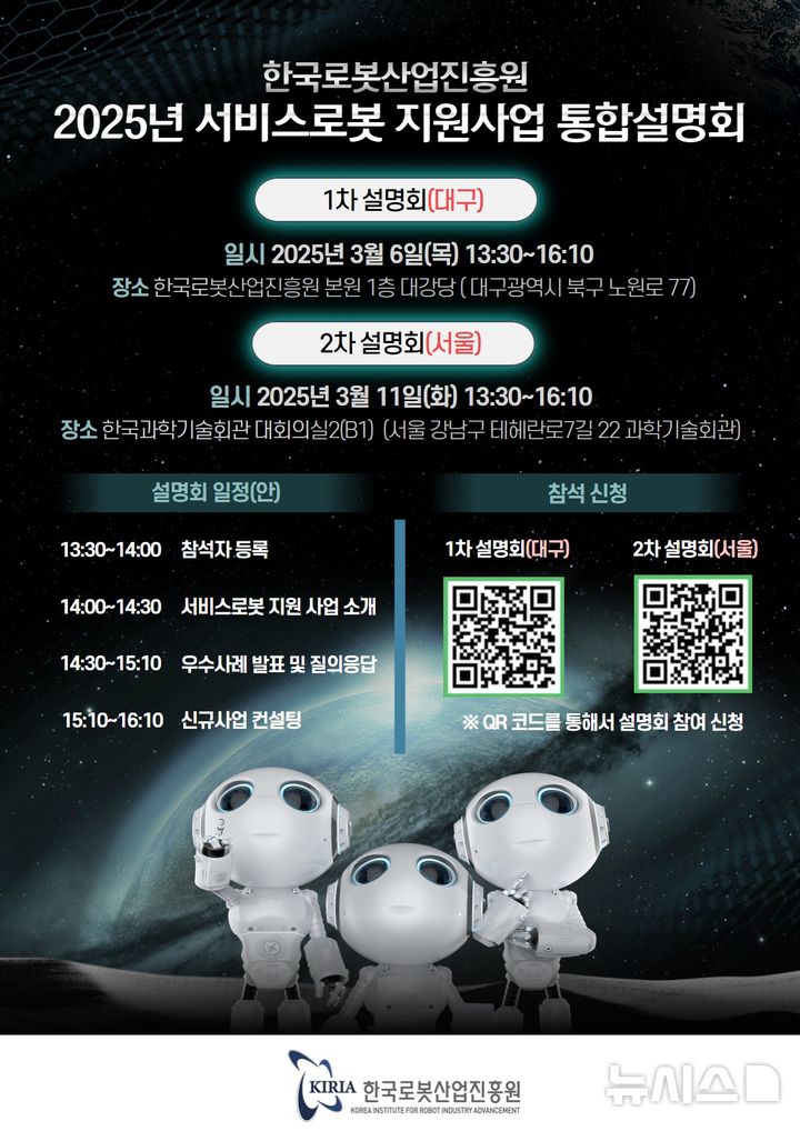 [세종=뉴시스]한국로봇산업진흥원은 다음달 6일과 11일에 각각 대구 본원과 서울 한국과학기술회관에서 '2025년 서비스로봇 지원사업 설명회'를 개최한다.(사진=한국로봇산업진흥원 제공)