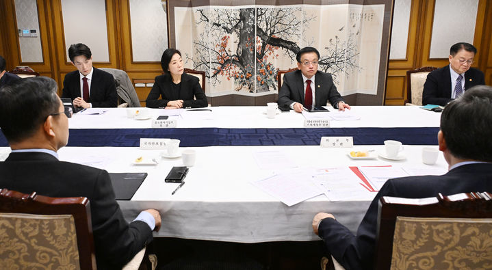 [서울=뉴시스] 최진석 기자 = 최상목 대통령 권한대행 부총리 겸 기획재정부 장관이 27일 서울 종로구 정부서울청사에서 대외경제현안간담회를 주재하고 있다. (사진=기획재정부 제공) 2025.02.27. photo@newsis.com *재판매 및 DB 금지
