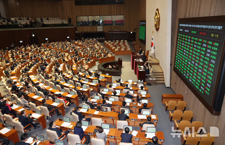 [서울=뉴시스] 조성우 기자 = 27일 오후 서울 여의도 국회에서 열린 제422회 국회(임시회) 제7차 본회의에서 명태균과관련한불법선거개입및국정농단사건등의진상규명을위한특별검사의임명등에관한법률안에 대한 표결이 진행되고 있다. 2025.02.27. xconfind@newsis.com