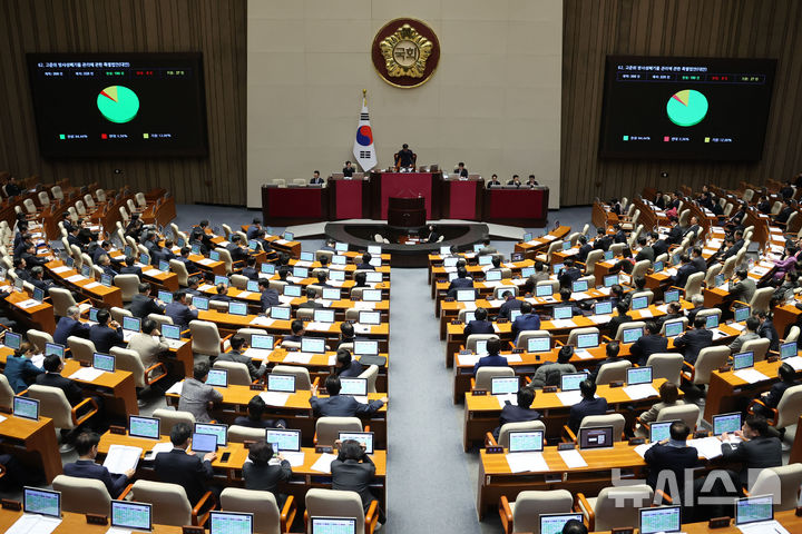 [서울=뉴시스] 권창회 기자 = 27일 오후 서울 여의도 국회에서 열린 제422회 국회(임시회) 제7차 본회의에서 고준위방사성폐기물관리에관한특별법안이 통과되고 있다. 2025.02.27. kch0523@newsis.com