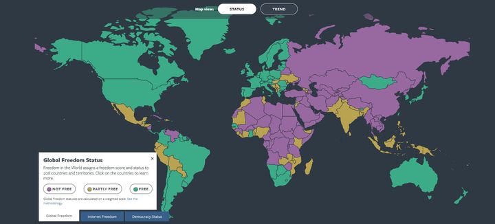 [서울=뉴시스] 프리덤 하우스가 자유 지수 총점에 따라 자유 국가와 부분적 자유 국가, 비자유 국가로 분류해 놓은 세계 지도의 모습이다 (사진=프리덤 하우스 홈페이지 캡쳐) 2025.02.28. photo@newsis.com *재판매 및 DB 금지