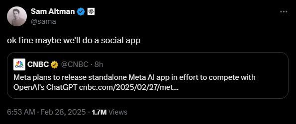 [서울=뉴시스] 메타 AI 챗봇 앱 출시 관련 CNBC 보도가 나오자 샘 올트먼 오픈AI CEO는 엑스에 "좋아, 우리도 소셜 앱을 만들면 되겠다"며 견제하는 모습을 보였다. (사진=샘 올트먼 엑스 캡처) *재판매 및 DB 금지