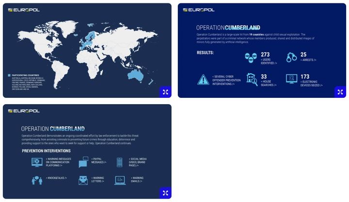 [뉴시스]유럽연합(EU)의 법집행기구인 유로폴(Europol)은 인공지능(AI)으로 생성된 아동 성착취 이미지를 유포한 사이트 등에 대한 수십개국 공동 작전을 통해 19개국에서 25명을 체포했다고 발표했다. 사진은 이번 작전과 관련해 유로폴이 공개한 이미지. (사진=유로폴 홈페이지) 2025.3.1 *재판매 및 DB 금지