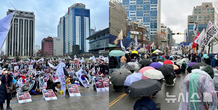 [부산=뉴시스] 원동화 기자 = 제106주년 3·1절을 맞은 1일 부산에서는 윤석열 탄핵 반대 집회(왼쪽)와 찬성 집회가 부산역 광장과 서면에서 각각 개최됐다. 2025.03.01. dhwon@newsis.com