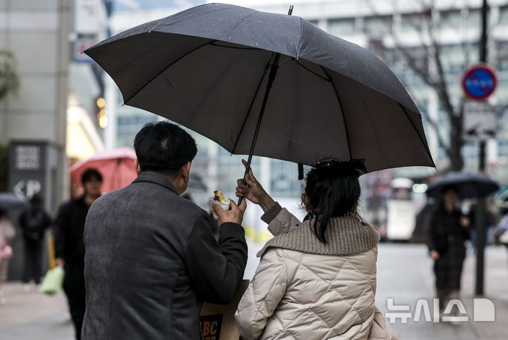 [서울=뉴시스] 정병혁 기자 = 2일 서울 중구 명동거리에서 한 시민의 우산이 바람에 날리고 있다. 2025.03.02. jhope@newsis.com