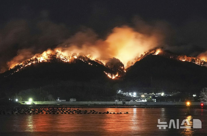 [오후나토=AP/뉴시스] 일본 혼슈(本州) 북부 도호쿠(東北) 이와테(岩手)현 오후나토(大船渡)시에서 지난달 26일 발생한 산불이 3일까지 진화되지 않아 피해가 커지고 있다. 3일 산불이 지속되는 모습. 2025.03.03