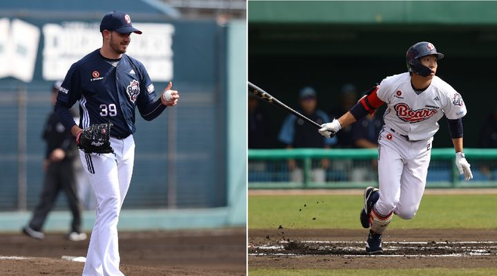 [서울=뉴시스] 프로야구 두산 베어스가 4일 지난 1월27부터 시작한 2025시즌 스프링캠프 일정을 마치고 인천국제공항을 통해 귀국한다. 사진은 캠프 MVP로 뽑힌 젝로그(왼쪽)와 김민석. (사진=두산 베어스 제공) 2025.03.03. *재판매 및 DB 금지
