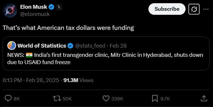 [서울=뉴시스] 일론 머스크가 지난달 27일 엑스(X·옛 트위터)에서 미트르 클리닉 폐쇄 관련 게시물에 대한 답글로 "그게 바로 미국 세금으로 지원한 것"이라고 말했다. (사진=X 캡처) 2025.03.04. photo@newsis.com *재판매 및 DB 금지