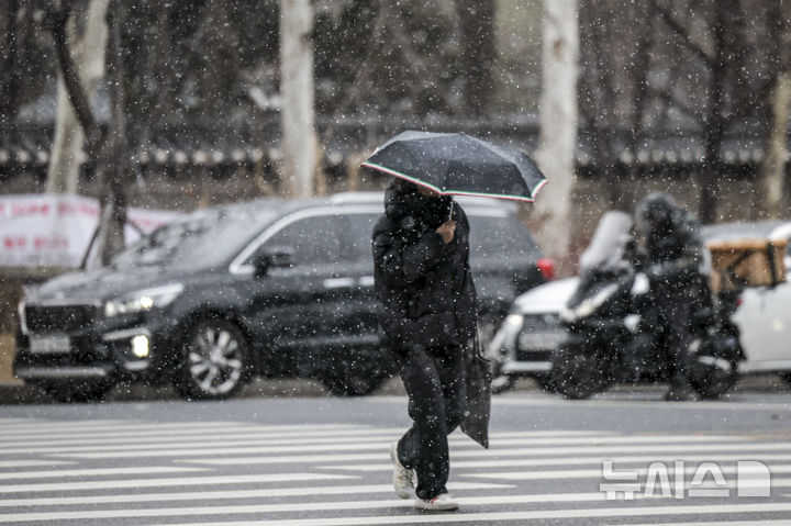[서울=뉴시스] 정병혁 기자 = 4일 서울 중구 서울시청 인근에서 우산을 쓴 시민이 눈을 맞으며 이동하고 있다. 2025.03.04. jhope@newsis.com