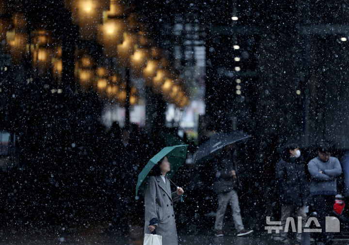 [서울=뉴시스] 눈이 내린 가운데 시민들이 우산을 쓰고 걸어가고 있다. (사진=뉴시스 DB). photo@newsis.com