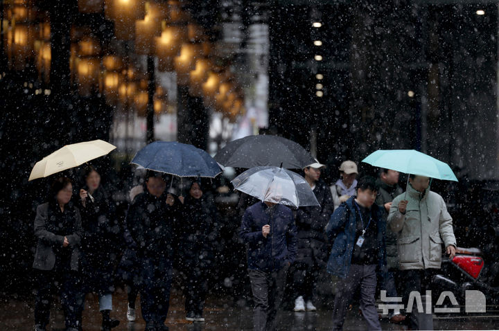 [서울=뉴시스] 김진아 기자 = 서울지역 곳곳에 눈이 내리고 있는 4일 서울 중구 서울시청 인근에서 시민들이 우산을 쓰고 걸어가고 있다. 2025.03.04. bluesoda@newsis.com
