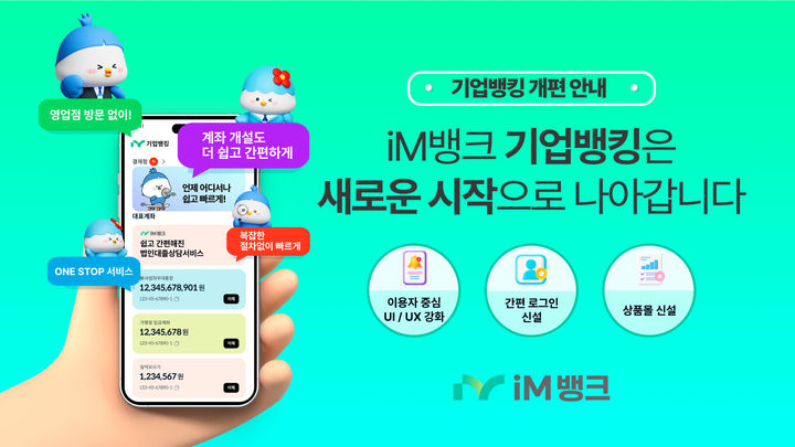 [대구=뉴시스] iM뱅크는 이용자 중심으로 UX(고객체험)와 UI(고객인터페이스)를 강화해 전면 리뉴얼한 기업뱅킹을 새롭게 운영한다고 5일 밝혔다. (사진=iM뱅크 제공) 2025.03.05. photo@newsis.com *재판매 및 DB 금지