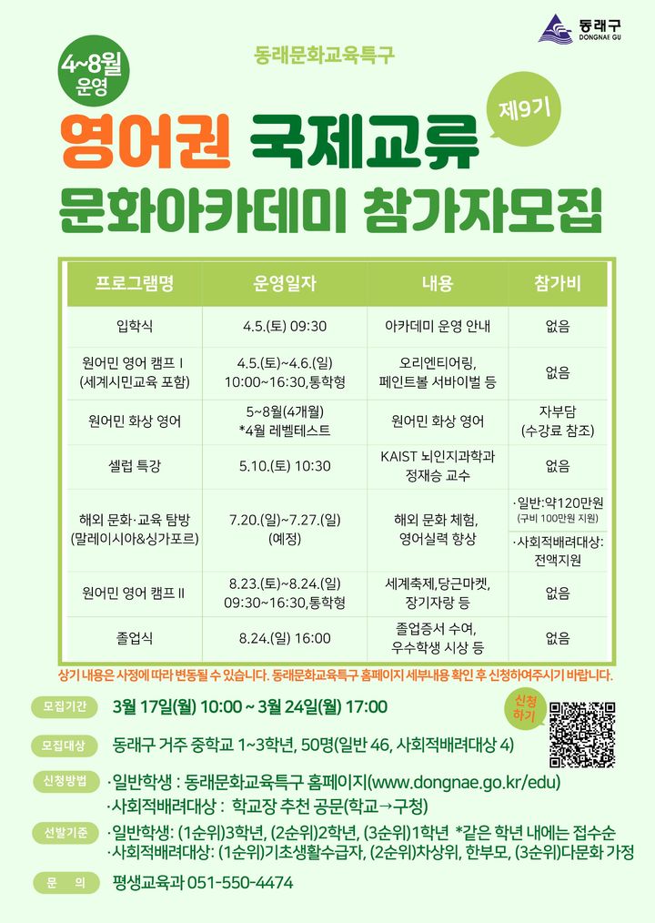 [부산=뉴시스] 부산 동래구는 오는 4월부터 8월까지 5개월 과정으로 '제9기 영어권 국제교류 문화 아카데미'를 운영한다. 신청 기간은 오는 17일부터 24일까지다. (사진=동래구 제공) 2025.03.05. photo@newsis.com *재판매 및 DB 금지
