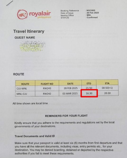 [제주=뉴시스] 필리핀 마닐라 로얄에어필리핀 항공편 시간이 표기된 인쇄물 모습. 출발시간(붉은 네모)이 2025년 3월3일 16시30분(현지시간)으로 표기돼 있다. (사진=독자 제공) 2025.03.05. photo@newsis.com *재판매 및 DB 금지
