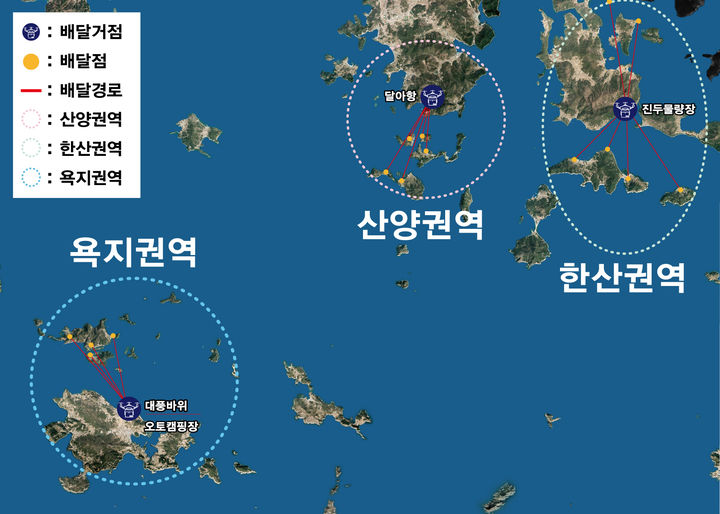 [통영=뉴시스] 신정철 기자= 통영시는 국토교통부와 항공안전기술원에서 주관하는 ‘2025년 드론 실증도시 구축 사업’ 공모에 선정돼 국비 9000만원을 확보했다고 6일 밝혔다.시는 확보된 국비 9000만원은 기존에 구축된 3개의 배송센터를 통해 15개 섬마을로 배송을 진행하는 운영비로 사용될 예정이며, 추가로 2개의 배달점과 새로운 배송항로를 구축할 예정이다.사진은 통영시 드론 배달점과 배송항로 모습.(사진=통영시 제공).2025.03.06. photo@newsis.com *재판매 및 DB 금지