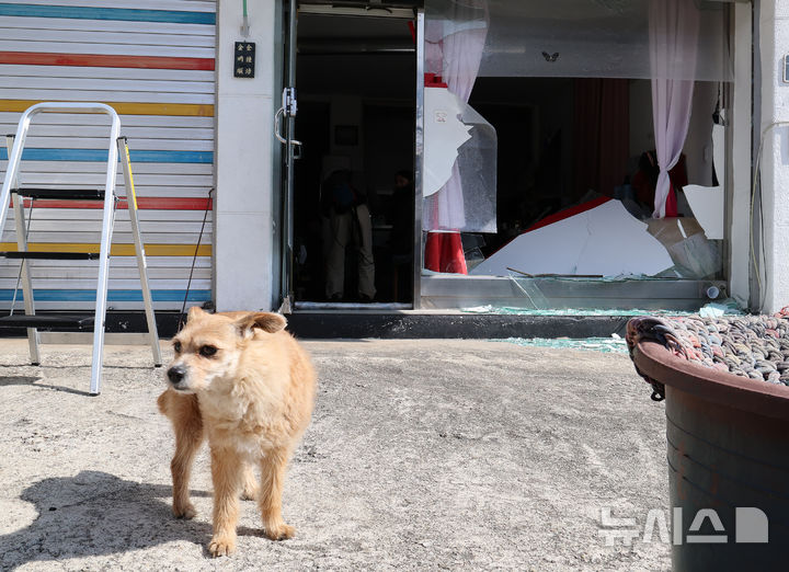 [포천=뉴시스] 이영환 기자 = 경기 포천시 이동면 노곡리 민가에 공군 KF-16에서 비정상 투하된 포탄이 떨어진 6일 오후 마을 건물 유리창이 깨져 있다. 2025.03.06. 20hwan@newsis.com