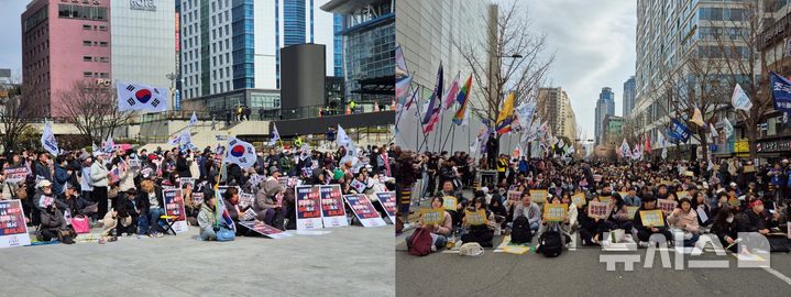 [부산=뉴시스] 권태완 기자 = 법원이 전날 윤석열 대통령의 구속취소 청구를 인용한 가운데 8일 부산에서는 윤석열 탄핵 반대 집회(왼쪽)와 찬성 집회가 부산역 광장과 서면에서 각각 개최됐다. 2025.03.08. kwon97@newsis.com