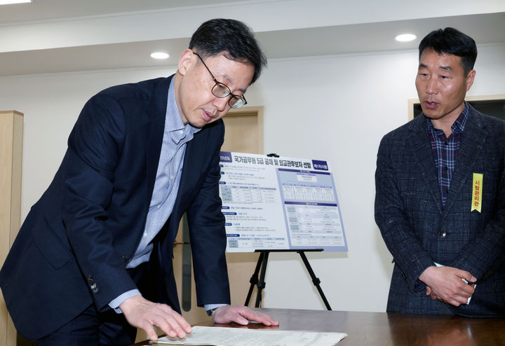 [서울=뉴시스] 김선웅 기자 = 연원정 인사혁신처장이 8일 서울 동작구 소재 학교에 설치된 국가공무원 5급 공채 및 외교관 후보자 선발 제1차 시험장에서 시험 상황을 점검하고 있다. (사진=인사혁신처 제공) 2025.03.08. photo@newsis.com *재판매 및 DB 금지