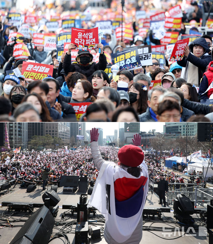 [서울=뉴시스] 김선웅 기자 = 윤석열 대통령에 대한 헌법재판소의 탄핵심판 선고가 임박한 8일 서울 종로구 일대에서 탄핵 찬·반 집회가 각각 열리고 있다. 2025.03.08. mangusta@newsis.com