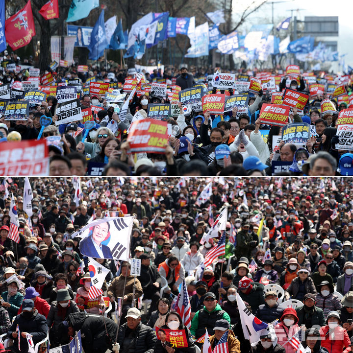 [서울=뉴시스] 김선웅 기자 = 윤석열 대통령에 대한 헌법재판소의 탄핵심판 선고가 임박한 8일 서울 종로구 일대에서 탄핵 찬·반 집회가 각각 열리고 있다. 2025.03.08. mangusta@newsis.com