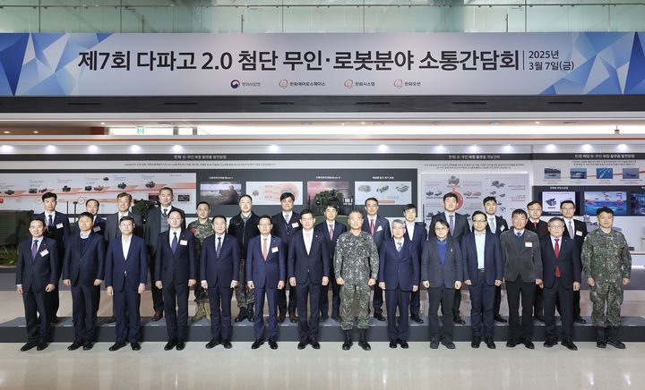 석종건 방위사업청장(가운데)과 손재일 한화에어로스페이스 대표(왼쪽 여섯 번째) 등 관계자들이 7일 한화에어로스페이스 대전 R&D(연구개발)캠퍼스에서 기념 촬영하는 모습. (사진=한화에어로스페이스) 2025.03.09 photo@newsis.com *재판매 및 DB 금지 *재판매 및 DB 금지