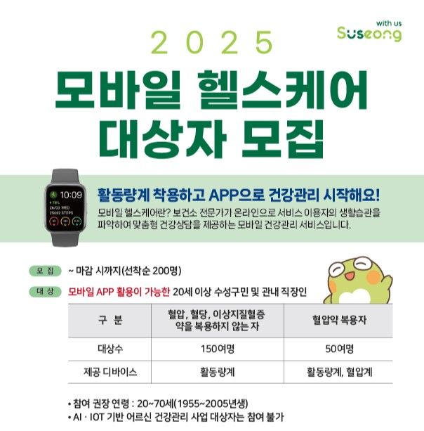 [대구=뉴시스] 대구 수성구보건소는 2025년 '모바일 헬스케어' 대상자를 모집한다. (그래픽 = 대구시 수성구 제공) 2025.03.09. photo@newsis.com *재판매 및 DB 금지