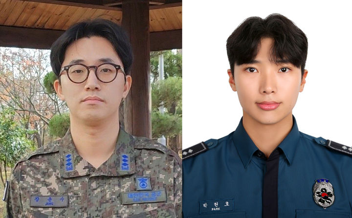 [정읍=뉴시스] 지난 9일 전북 정읍동학마라톤대회에서 급작스레 쓰러진 참가자를 살린 제5공중기동비행단 소속 장윤수(왼쪽) 대위와 정읍경찰서 상동지구대 소속 박현호 순경. (사진=본인 제공) 2025.03.10. photo@newsis.com *재판매 및 DB 금지