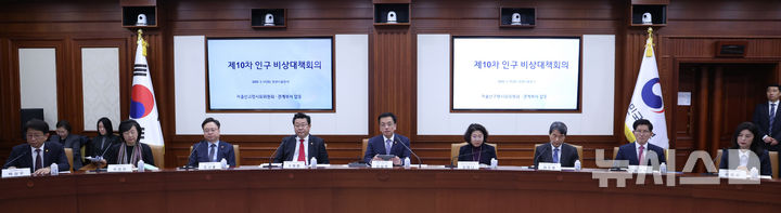 [서울=뉴시스] 조수정 기자 = 최상목 대통령 권한대행 부총리 겸 기획재정부 장관이 11일 정부서울청사에서 열린 제10차 인구비상대책회의를 주재하고 있다. 2025.03.11. chocrystal@newsis.com