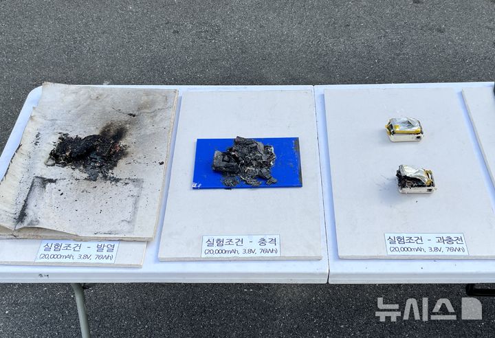 [부산=뉴시스] 이아름 기자 = 부산소방재난본부가 12일 오전 훈련탑 앞에서 발열(왼쪽), 충격, 과충전 등 조건별로 보조배터리 열폭주 화재실험을 한 결과. 2025.03.12. aha@newsis.com 