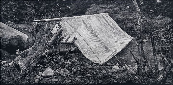 Maryanto Sand Miner Bivouac, 2021, Sgraffito and acrylic on canvas, 100 x 200 cm . (Yeo Workshop, G Gallery) *재판매 및 DB 금지
