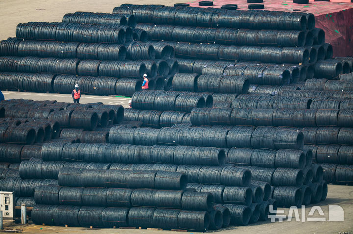 [평택=뉴시스] 정병혁 기자 = 도널드 트럼프 미국 대통령이 자국 제조업 보호를 위한 전면적인 철강관세를 부과하면서 일부 글로벌 철강업체들이 뜻밖의 수혜를 입을 것으로 예상된다고 12일(현지 시간) 영국 파이낸셜타임스(FT)가 보도했다. 사진은 12일 경기 평택시 평택항에 철강 제품들이 쌓여 있는 모습. 2025.3.12