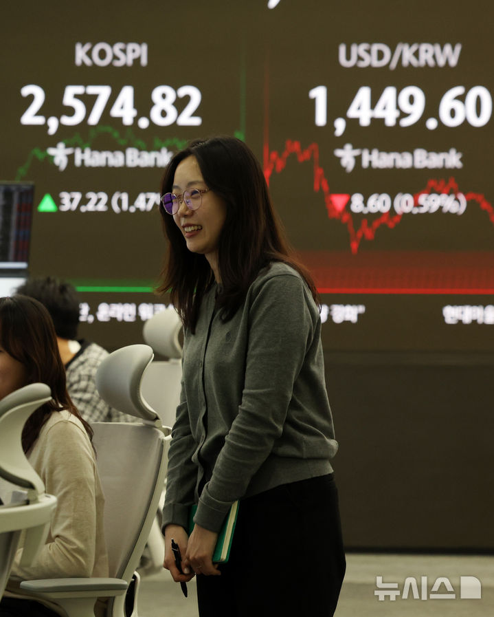 [서울=뉴시스] 이영환 기자 = 코스피가 전 거래일(2537.60)보다 37.22포인트(1.47%) 오른 2574.82에 장을 마감한 12일 오후 서울 중구 하나은행 딜링룸에서 직원들이 업무를 보고 있다. 이날 코스닥 지수는 전 거래일(721.50)보다 7.99포인트(1.11%) 상승한 729.49, 서울 외환시장에서 원·달러 환율은 전 거래일(1458.2원)보다 7.2원 내린 1451원에 주간 거래를 마감했다. 2025.03.12. 20hwan@newsis.com