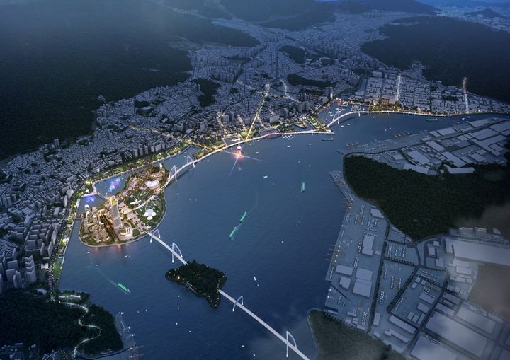 [창원=뉴시스] 강경국 기자 = 경남 창원시 마산해양신도시에 불을 밝힌 마산만의 미래 청사진. (사진=창원시청 제공). 2025.03.13. photo@newsis.com *재판매 및 DB 금지