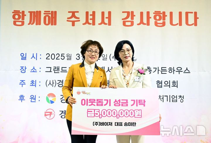 [김해=뉴시스]바이저 송미란 대표(사진 오른편) 성금 기탁. (사진=김해시 제공). 2025.3.13. photo@newsis.com