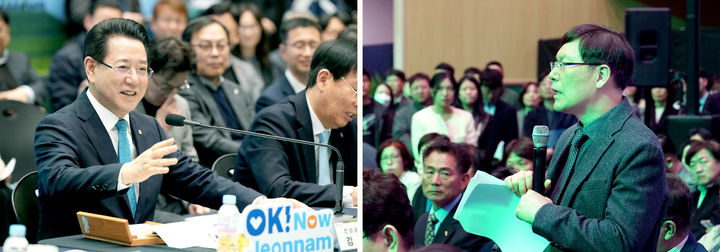 [순천=뉴시스] 김영록 전남지사가 13일 전남 순천시 어울림체육센터 다목적체육관에서 '순천시 정책비전 투어' 토론을 주재하고 미래 신산업 육성 등 지역 발전에 대한 의견과 제안에 대한 질문에 답변을 하고 있다. (사진=전남도 제공) 2025.03.13 photo@newsis.com *재판매 및 DB 금지