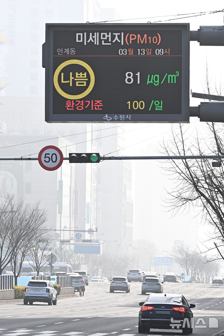 [수원=뉴시스] 김종택 기자 = 중국발 황사가 유입돼 전국에 미세먼지 농도가 '나쁨' 수준을 보인 13일 경기도 수원시청 인근 전광판에 미세먼지 관련 정보가 표시되고 있다. 2025.03.13. jtk@newsis.com