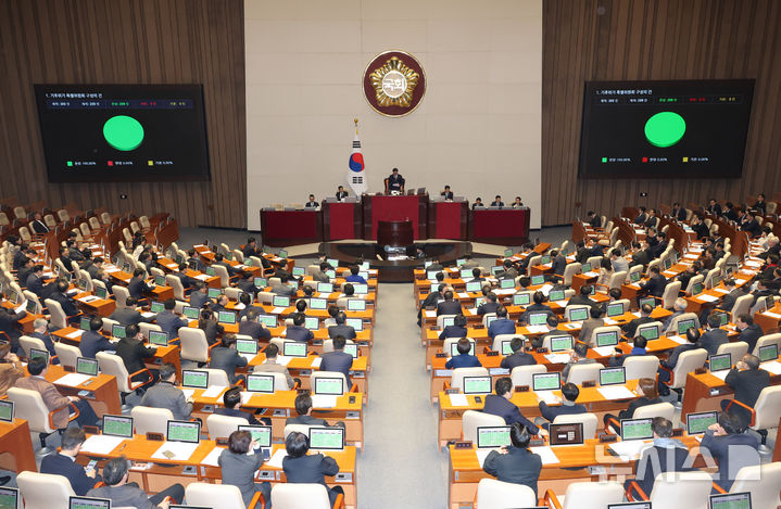 [서울=뉴시스] 고승민 기자 = 13일 서울 여의도 국회에서 열린 제423회 국회(임시회) 제1차 본회의에서 기후위기 특별위원회 구성의 건이 재석 259인, 찬성 259인으로 가결되고 있다. 2025.03.13. kkssmm99@newsis.com