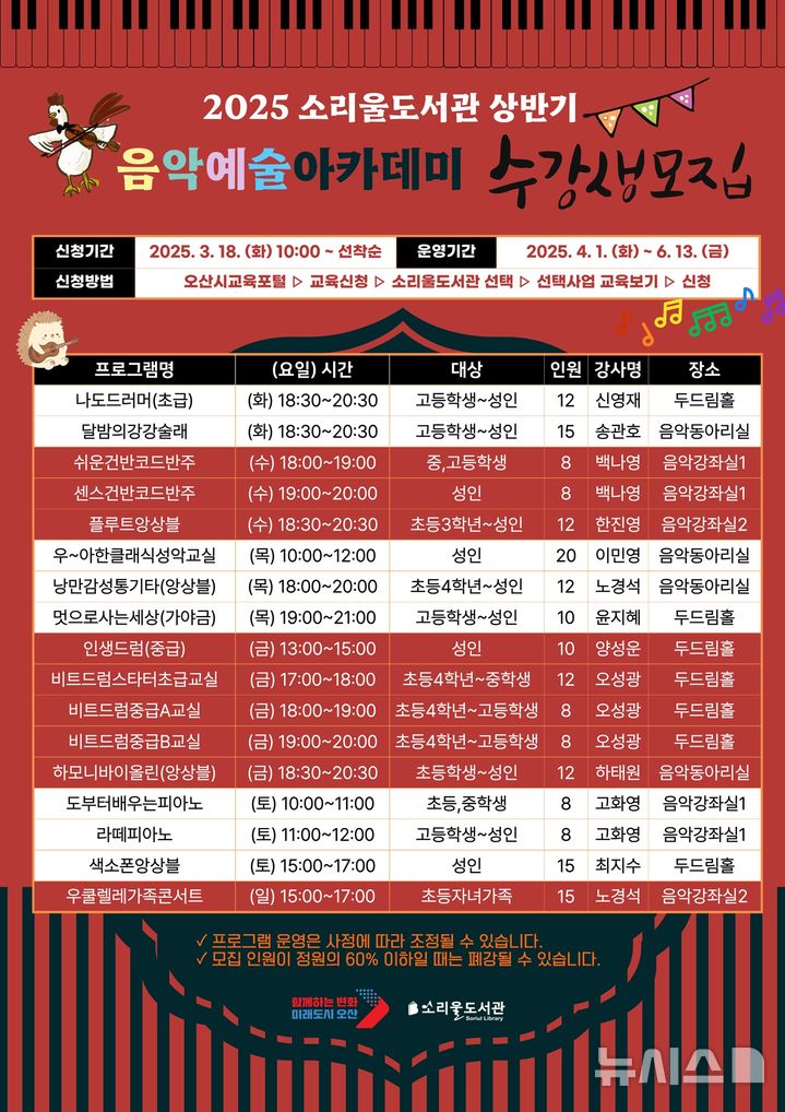 [오산=뉴시스] 오산시 소리울도서관, 2025 상반기 음악예술아카데미 수강생 모집 포스터 (사진=오산시 제공) 2025.03.14.photo@newsis.com 
