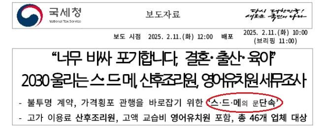 [서울=뉴시스] 2025년 2월 11일 국세청은 '스드메의 문단속'이라는 부제를 단 보도자료를 공개했다.(사진=국세청 보도자료 갈무리) *재판매 및 DB 금지