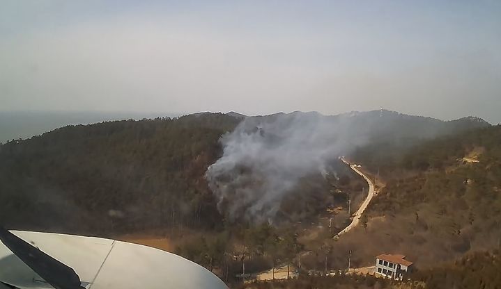 [태안=뉴시스] 산림당국이 헬기를 이용해 태안지역 산불을 잡고 있다. (사진=산림청 제공) 2025.3.17 photo@newsis.com *재판매 및 DB 금지