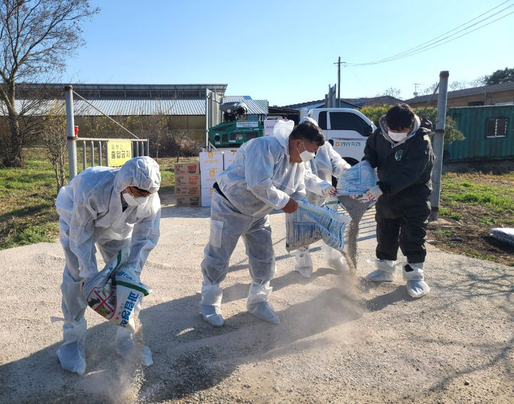 [무안=뉴시스] 농협 전남지역본부는 구제역 확산 차단을 위해 영암 방역 현장 상황을 점검하고 생석회 살포 등 선제적 방역 활동을 실시했다. (사진=전남농협 제공) 2025.03.18. photo@newsis.com *재판매 및 DB 금지